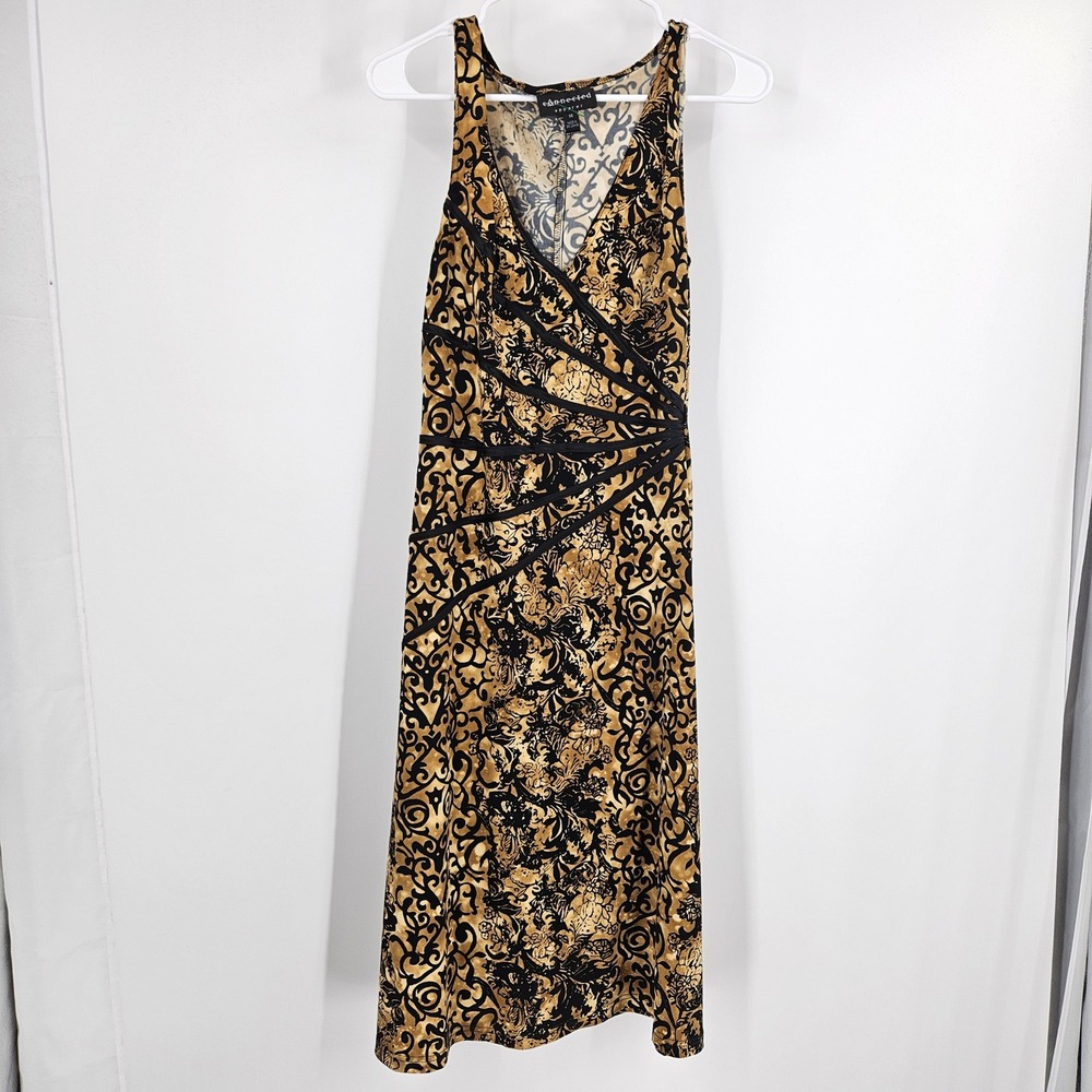 Vintage y2k Connected Apparel Midi Dress Gold Black Damask Faux Wrap Stretch 14